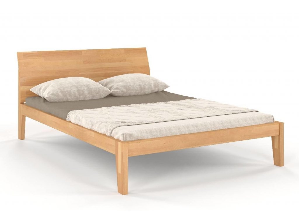 Drevená manželská posteľ Agava z odolného bukového dreva, v svetlej farbe, s neviditeľnou piatou stabilizačnou nohou, pohľad z boku.