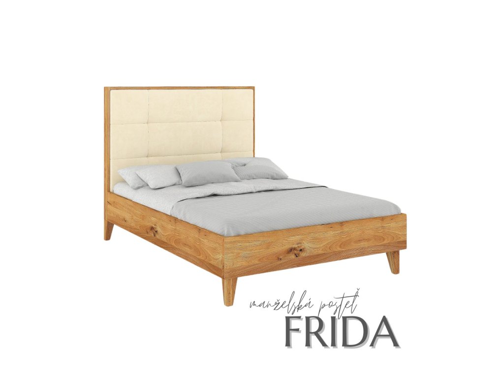 Manželská posteľ z dubového dreva Frida s vysokým čalúneným čelom a vysokými nohami, pohľad zboku.