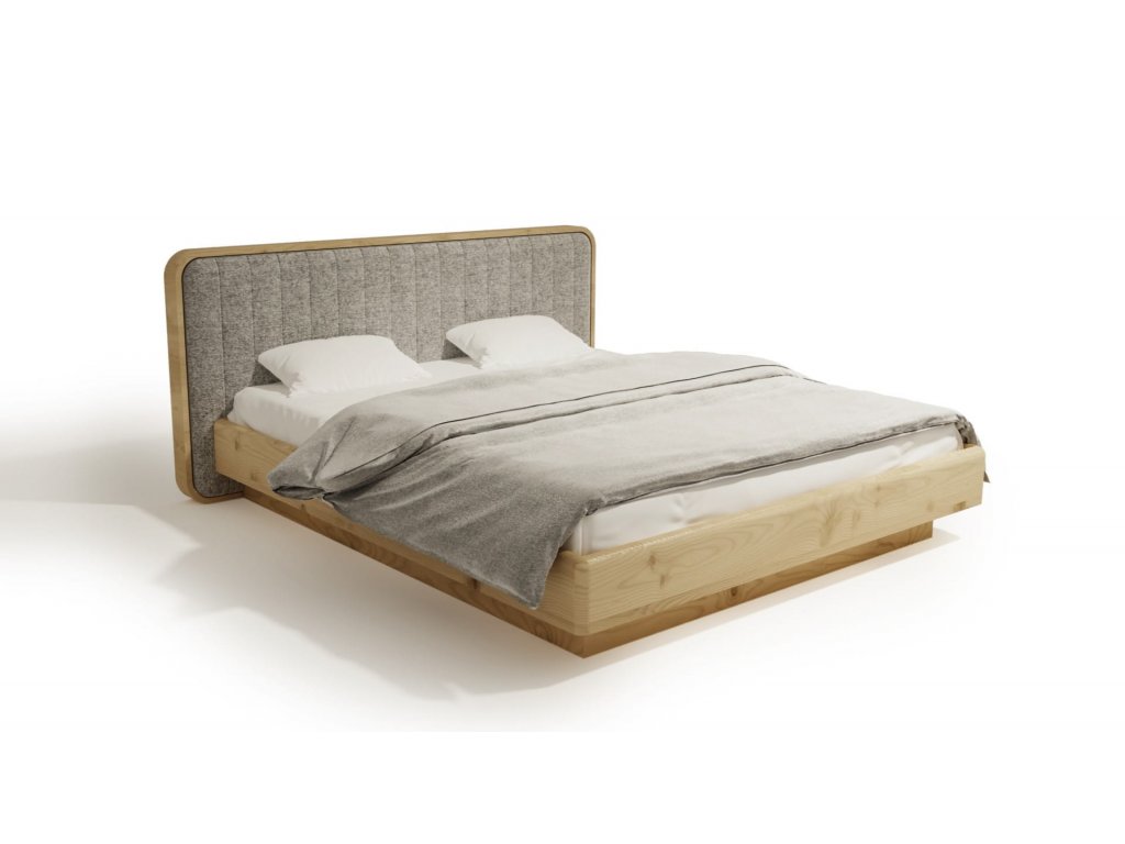 Dvojlôžková posteľ z masívu Sense Max s čalúneným čelom a neviditeľnými nohami, pohľad z boku.