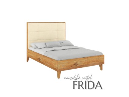 Manželská posteľ z dubového dreva Frida s vysokým čalúneným čelom a vysokými nohami, pohľad zboku.