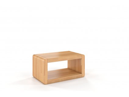 Moderný nočný stolík minimalistického vzhľadu Boverio, v svetlej farbe, z bukového dreva, pohľad zboku.
