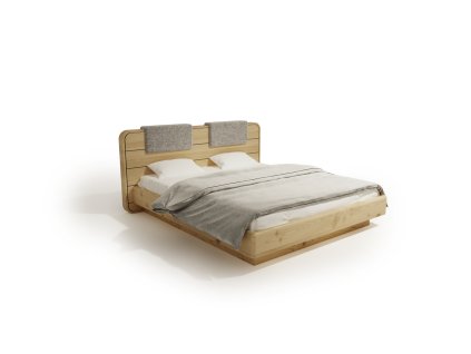Levitujúca manželská posteľ s dreveným rámom, na ktorom sú čalúnené opierky hlavy,  rám postele má zaoblené hrany, pohľad zboku.