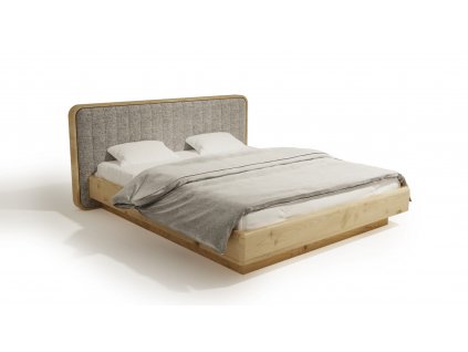Dvojlôžková posteľ z masívu Sense Max s čalúneným čelom a neviditeľnými nohami, pohľad z boku.