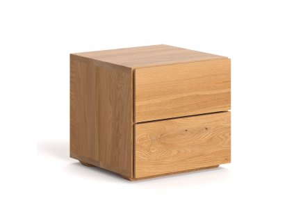 Dizajnový nočný stolík Cube z dreva s dvomi šuflíkmi, pohľad zboku.