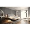 Moderná a elegantná manželská posteľ z masívu s čalúnením, vysokým čalúneným čelom, efektom levitácie, v moderne zariadenom interiéri spálne, pohľad zboku.